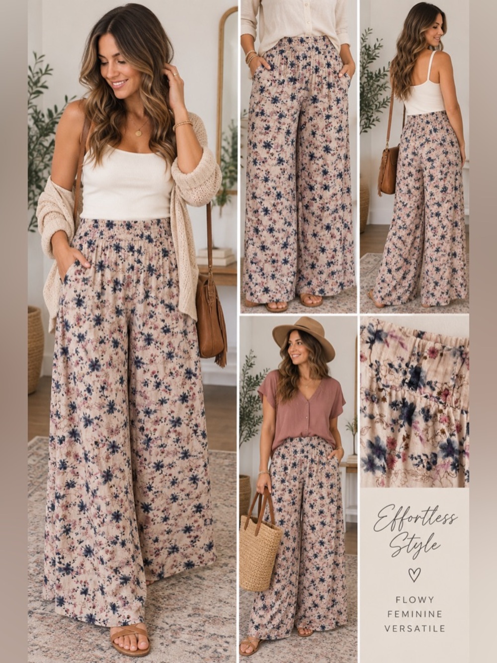 Rewash Womens L Floral Wide Leg Palazzo Pants Smocked Waist Boho Cottagecore